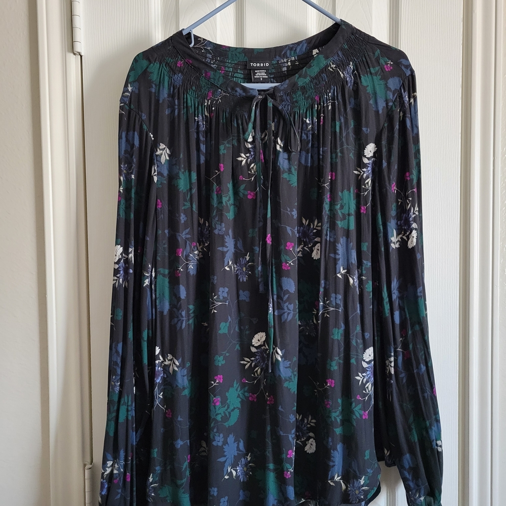Torrid Black Floral Blouse with Green and Purple Accents